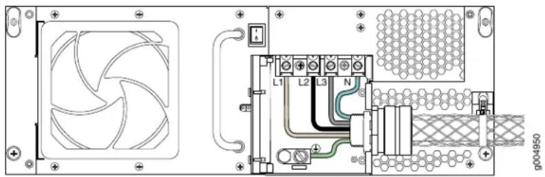 Technical diagram of a power supply or control module with labeled components including fan, switches, and grid connection