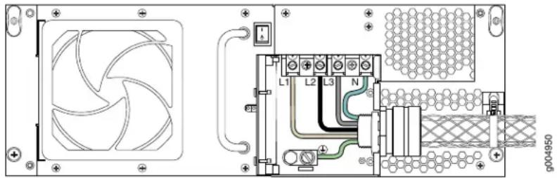 Technical diagram of a power supply or control module with labeled components including fan, switches, and grid pattern.