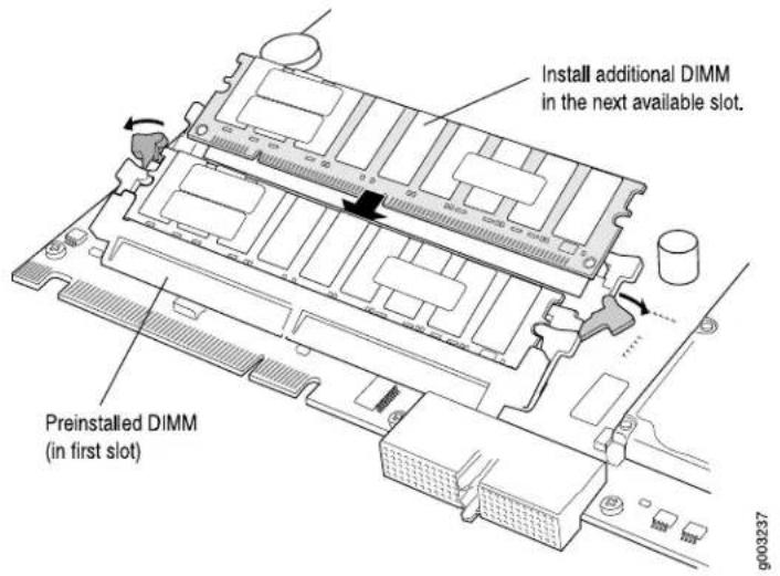 Install additional DIMM in the next available slot. Preinstalled DIMM (in first slot)