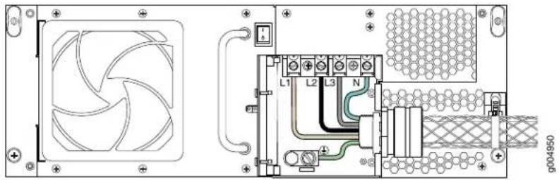 Technical diagram of an industrial control panel with fan, circuit breakers, and meshed components labeled L1 to L3 and N.