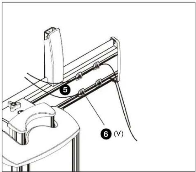 Technical diagram showing labeled components of a mechanical assembly with numbered parts and annotation (V)