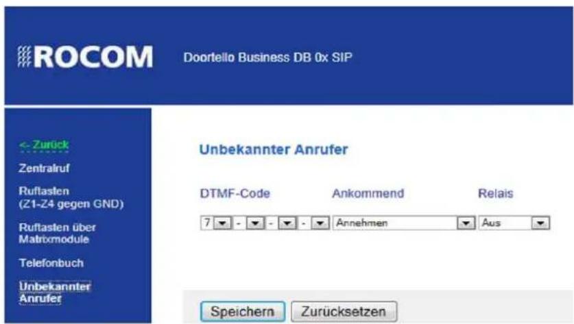 ROCOM Doortello Business DB 0x SIP <- Zurück Zentralruf Ruftasten (Z1-Z4 gegen GND) Ruftasten über Matrixmodule Telefonbuch Unbekannter Anrufer Unbekannter Anrufer DTMF-Code Ankommend Relais 7 -Annehmen Aus Speichern Zurücksetzen
