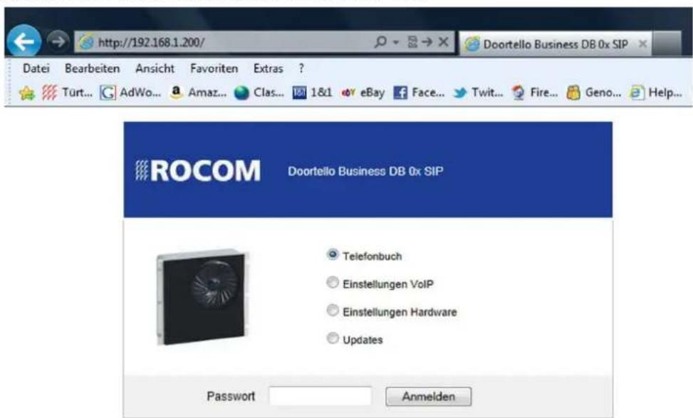 Datei Bearbeiten Ansicht Favoriten Extras ? Turt... AdWo... Amaz... Clas... 1&1 eBay Face... Twit... Fire... Geno... Help... ROCOM Doortello Business DB 0x SIP Telefonbuch Einstellungen VoIP Einstellungen Hardware Updates Password Anmelden