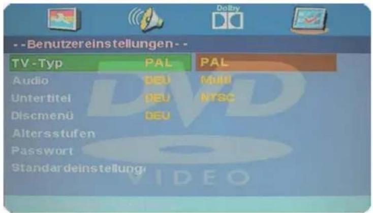 --Benutzereinstellungen-- TV -Typ PAL PAL Audio DEU Multi Untertitel DEU NTSC Discmenü DEU Altersstufen Passwort Standardeinstellung