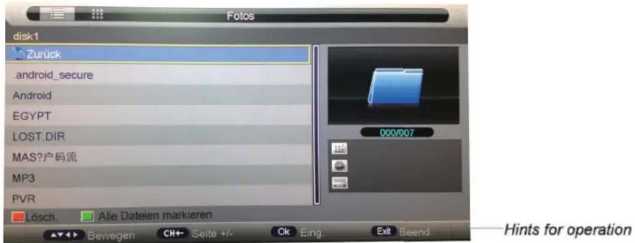 Fotos disk1 Zurück .android_secure Android EGYPT LOST.DIR MAS?户码流 MP3 PVR Lösch. Alle Dateien markieren Bewegen Ch+ Seite +/- Ok Eing. Exit Beend. Hints for operation