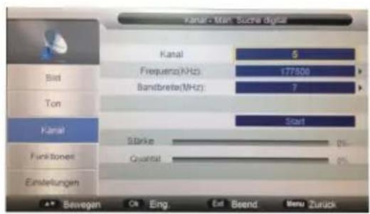 Kanal-Man: Soche digital Kanal 5 Frequenz(Hz): 177508 Bandbrete(Hz): 7 Kanal Star1 Starke Quartal Einstellungen Bevegen Ok Eng. Est Beend Menu Zurück