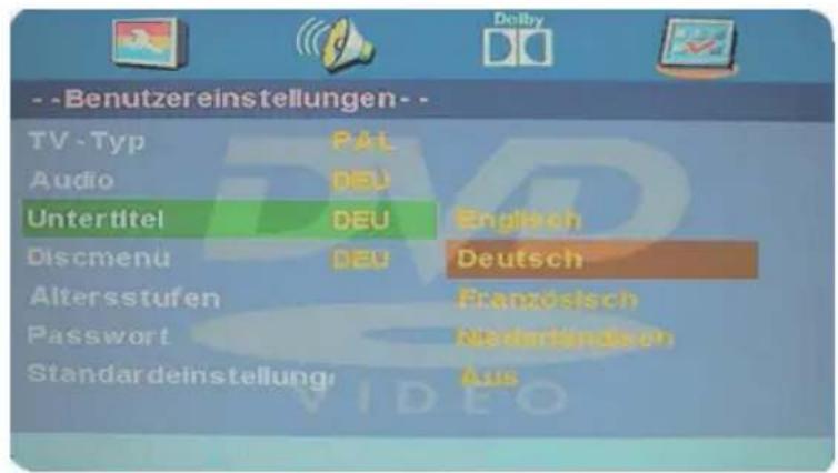 - -Benutzereinstellungen- - TV -Typ PAL Audio DEU Untertitel DEU Englisch Discmenu DEU Deutsch Altersstufen Französisch Passwort Nederlandssch Standardeinstellung Aus