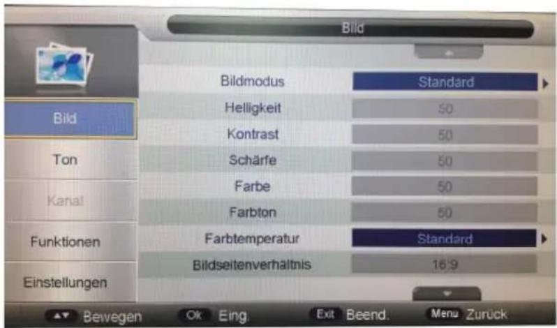 Bild Bildmodus Standard Helligkeit 50 Kontrast 50 Schärfe 50 Farbe 50 Farbton 50 Farbtemperatur Standard Bildseitenverhältnis 16:9 Einstellungen Bevegen Ok Eing Ext Beend Menu Zurück