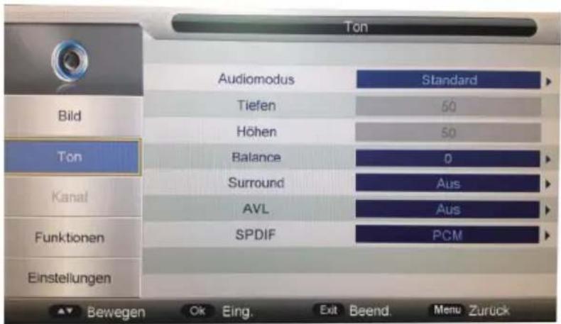 Ton Bild Ton Kanal Funktionen Einstellungen Audiomodus Standard Tiefen 50 Höhen 50 Balance 0 Surround Aus AVL Aus SPDIF PCM ▲ Bewegen Ok Eing. Exit Beend NBCu Zuruck