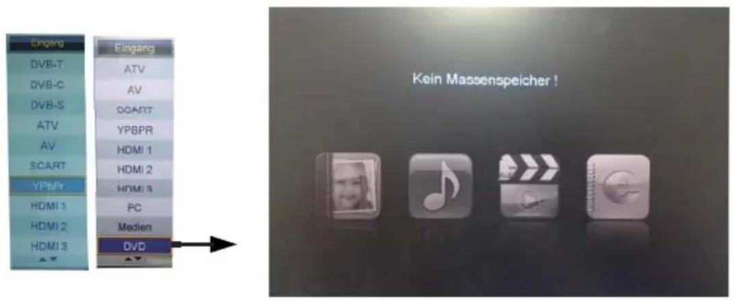 Eingang DVB-T DVB-C DVB-S ATV AV SCART YPbPr HDMI 1 HDMI 2 HDMI 3 DV Eingang ATV AV SCART YPBPR HDMI 1 HDMI 2 HDMI 3 PC Medien DVD Kein Massenspeicher !