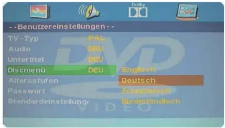 - -Benutzereinstellungen - TV - Typ PAL Audio DEU Untertitel DEU Discmenü DEU Englisch Altersstufen Deutsch Passwort i-anselsch Standardeinstellung Medeiandisch