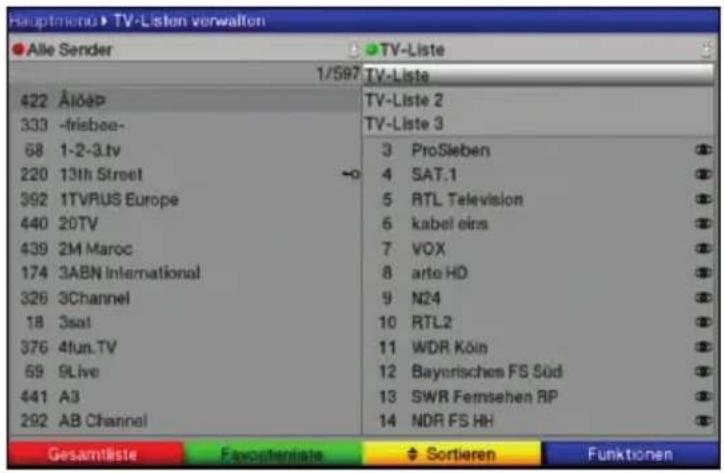 Hauptmenu ▶ TV-Listen verwalton ● Alle Sender △ ▶ TV-Liste 1/597 △ TV-Liste 422 Ålöep 333 -frisbee- 68 1-2-3.tv 220 13th Street 392 1TVRUS Europe 440 20TV 439 2M Maroc 174 3ABN International 326 3Channel 18 3sat 376 4fun.TV 59 9Live 441 A3 292 AB Channel TV-Liste 2 TV-Liste 3 3 ProSieben 4 SAT.1 5 RTL Television 6 kabel eins 7 VOX 8 arto HD 9 N24 10 RTL2 11 WDR Köln 12 Bayerisches FS Süd 13 SWR Fernsehen RP 14 NDR FS HH Gesamtliste Favopertenliste Sortieren Funktionen