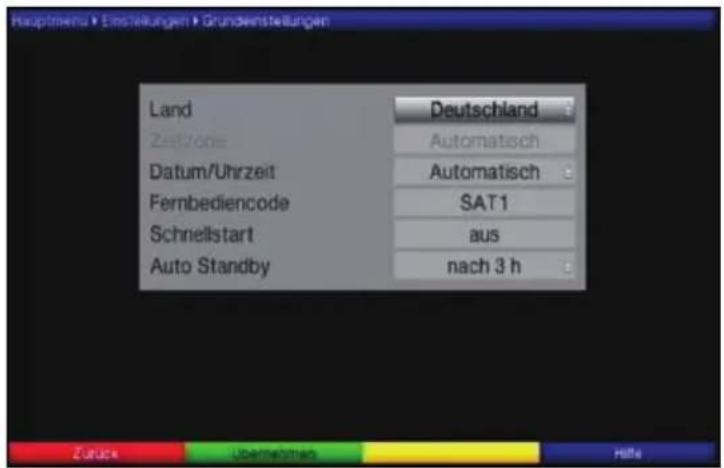 Hauptshenu > Einschleungen > Grundeinstellungen Land Deutschland Zeitzone Automatisch Datum/Uhrzeit Automatisch Fernbediencode SAT1 Schnellstart aus Auto Standby nach 3 h Zurück Übernehmoh Halte