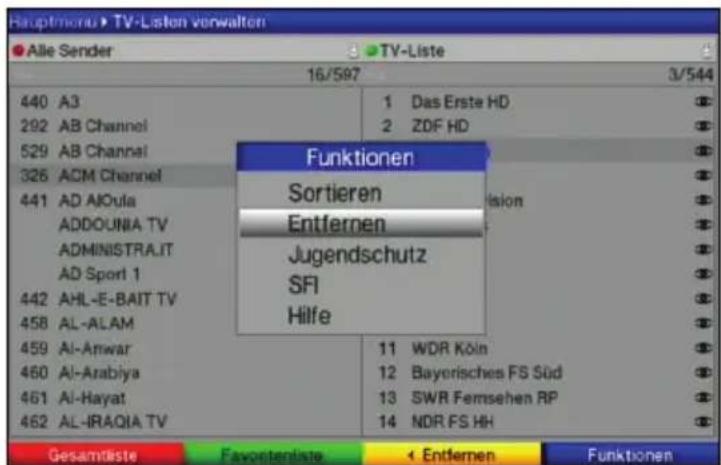 Hauptmenu ▶ TV-Listen verwalten ● Alle Sender ▶ TV-Liste ▶ 16/597 3/544 440 A3 1 Das Erste HD 292 AB Channel 2 ZDF HD 529 AB Channel 326 ADM Channel 441 AD AIOula Sortieren Vision ADDOUNIA TV Entfernen ADMINISTRA.IT Jugendschutz AD Sport 1 SFI 442 AHL-E-BAIT TV Hilfe 458 AL-ALAM 459 Al-Anwar 11 WDR Köln 460 Al-Arabiya 12 Bayerisches FS Süd 461 Al-Hayat 13 SWR Fernsehen RP 462 AL-IRAQIA TV 14 NDR FS HH Gesamtliste Favopentanliste < Entfernen Funktionen
