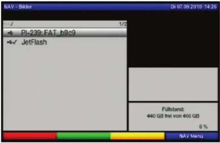 NAV - Bilder Di 07.09.2010 14:26 PI-239: FAT_b9c9 JetFlash Füllstand: 440 GB frei von 466 GB 6 % NAV Menu