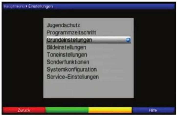 Hauptmernu ► Einstellungen Jugendschutz Programmzeitschrift Grundeinstellungen Bildeinstellungen Toneinstellungen Sonderfunktionen Systemkonfiguration Service-Einstellungen Zurück Häte