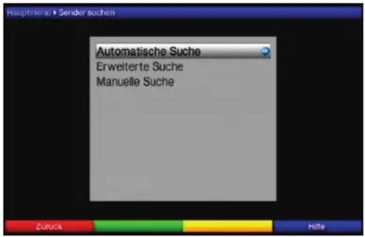 Hauptmeiu ▶ Sender suchen Automatische Suche Erweiterte Suche Manuelle Suche Zurück Hilfe