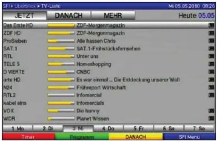 SF1+ Überblick ▶ TV-Liste Mi 05.05.2010 08:26 JETZT DANACH MEHR Heute 05.05 Das Erste HD □ ZDF-Morgenmagazin ZDF HD □ ZDF-Morgenmagazin ProSieben □ Alle hassen Chris SAT.1 □ SAT.1-Frühstücksfarmsehen RTL □ Unter uns TELE 5 □ Homeshopping D VIERTE □ CNBC arte HD □ Es war einmal ... Die Entdeckung unserer Welt N24 □ Frühreport Wirtschaft RTL2 □ Infomercial kabel eins □ Infomercials VOX □ Die Nanny WDR □ Planet Wissen 1 Mo 2 Di 3 Mi 4 Do 5 Fr 6 Sa 7 So Timer Programm DANACH SFI Menu