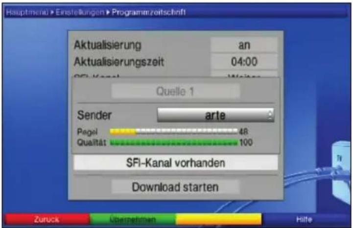 Hauptmenü > Einstellungen > Programmzeitschrift Aktualisierung an Aktualisierungszeit 04:00 Quelle 1 Sender arte Pegel 48 Qualität 100 SFI-Kanal vorhanden Download starten Zurück > Übernehmen > Hilfe