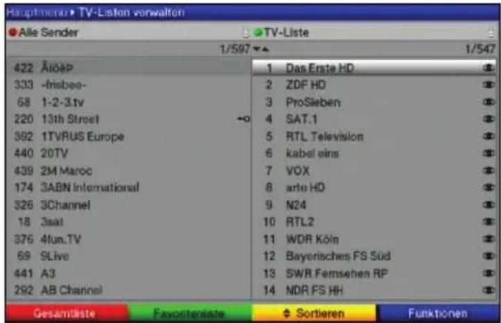 Hauptmenu ▶ TV-Listen vorwalton ● Alle Sender ▶ ▶ TV-Liste ▶ 1/597 ▶ 1/547 422 ÄlöEP 333 -frisbee- 68 1-2-3.tv 220 13th Street 362 1TVRUS Europe 440 20TV 439 2M Maroc 174 3ABN International 326 3Channel 18 3sat 376 4fun.TV 69 9Live 441 A3 292 AB Channel 1 Das Erste HD 2 ZDF HD 3 ProSieben 4 SAT.1 5 RTL Television 6 kabel eins 7 VOX 8 arfo HD 9 N24 10 RTL2 11 WDR Köln 12 Bayerisches FS Süd 13 SWR Femsehen RP 14 NDR FS HH Gesamtliste Favoritenlste Sortieren Funktionen