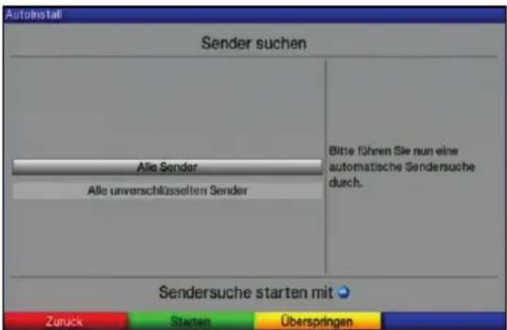 AutoInstall Sender suchen Alle Sender Alle unverschlüsselten Sender Bitte führen Sie nun eine automatische Sendersuche durch. Sendersuche starten mit Zuruck Starten Überspringen
