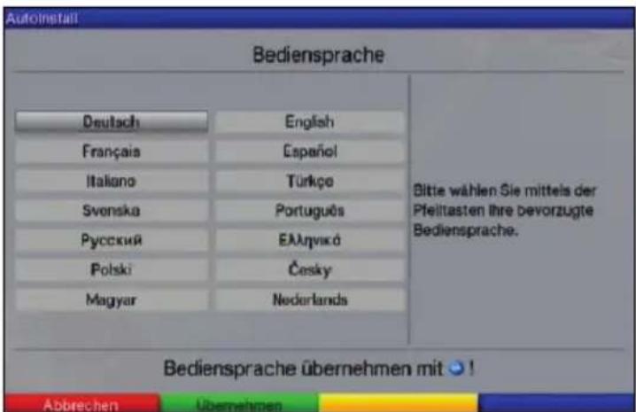 Autoinstatt Bediensprache Deutsch English Français Espaniol Italiano Türkçe Svenska Português Русский Ελληνικό Polski Česky Magyar Nederlands Bitte wählen Sie mittels der Pfeittasten ihre bevorzugte Bediensprache. Bediensprache übernehmen mit ⚙ !