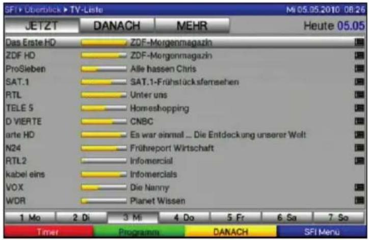 SFI > Überblick > TV-Liste Mi 05.05.2010 08:26 JETZT DANACH MEHR Heute 05.05 Das Erste HD -ZDF-Morgenmagazin ZDF HD -ZDF-Morgenmagazin ProSieben Alle hassen Chris SAT.1 SAT.1-Frühstücksfemsehen RTL Unter uns TELE S Homeshopping D VIERTE CNBC arte HD Es war einmal ... Die Entdeckung unserer Welt N24 Fruhreport Wirtschaft RTL2 Infomercial kabel eins Infomercials VOX Die Nanny WDR Planet Wissen 1 Mo 2 Di 3 Mi 4 Do 5 Fr 6 Sa 7 So Timer Programm DANACH SEI Menu