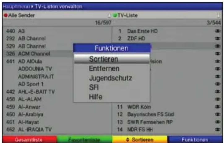Hauptmono ▶ TV-Listen verwalten ● Alle Sender ▶ TV-Liste 16/597 3/544 440 A3 1 Das Erste HD 292 AB Channel 2 ZDF HD 529 AB Channel 326 ACM Channel 441 AD AIOula ADDOUNIA TV Entfernen ADMINISTRA.IT Jugendschutz AD Sport 1 SFI 442 AHL-E-BAIT TV Hilfe 458 AL-ALAM 459 Al-Anwar 11 WDR Köln 460 Al-Arabiya 12 Bayerisches FS Süd 461 Al-Hayat 13 SWR Fernsehen RP 462 AL-IRAQIA TV 14 NDR FS HH Funktionen Sortieren Entfernen Jugendschutz SFI Hilfe Gesamtliste Favortenteate Sortieren Funktionen