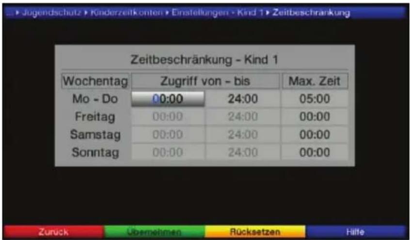 Jugendschutz > Kinderzeitkonten > Einstellungen > Kind 1 > Zeitbeschränkung Zeitbeschränkung - Kind 1 Wochentag Zugriff von - bis Max. Zeit Mo - Do 00:00 24:00 05:00 Freitag 00:00 24:00 00:00 Samstag 00:00 24:00 00:00 Sonntag 00:00 24:00 00:00 Zurück Übernehmen Rücksetzen Hilfe