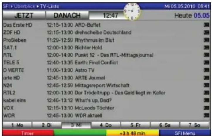 SF1+ Überblick ▶ TV-Liste M 05.05.2010 06:41 JETZT DANACH 12:47 Heute 05.05 Das Erste HD 12:15-13:00 ARD-Buffet ZDF HD 12:15-13:00 drehscheibe Deutschland ProSieben 11:29-12:59 Rhythmus im Blut SAT.1 12:00-13:00 Richter Hold RTL 12:00-14:00 Punkt 12 - Das RTL-Mittagsjournal TELE 5 12:40-13:35 Earth: Final Conflict D VIERTE 11:00-13:00 Astro TV arte HD 12:45-13:00 ARTE Journal N24 12:45-12:59 Mittagsreport Wirtschaft RTL2 12:00-13:00 Dar Trödeltnapp - Das Geld liegt im Keller kabel eins 12:46-13:12 What's up, Dad? VOX 12:15-13:10 McLeods Töchler WDR 12:45-13:00 WDR aktuell 1 Mo 2 Di 3 Mi 4 Do 5 Fr 6 Sa 7 So Timer +3 h 48 min SFI Menu