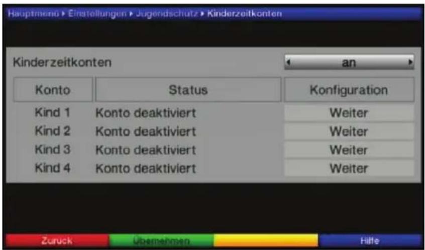 Hauptmeno > Einstellungen > Jugendschutz > Kinderzeitkonten Kinderzeitkonten an Konto Status Konfiguration Kind 1 Konto deaktiviert Weiter Kind 2 Konto deaktiviert Weiter Kind 3 Konto deaktiviert Weiter Kind 4 Konto deaktiviert Weiter Zuruck Übernehmen Hilfe