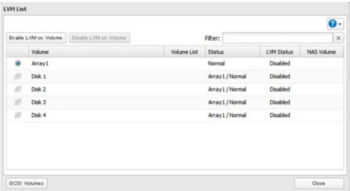 BUFFALO TeraStation 3200D - Select the drive or array where the volume will be created and click Enable LVM on Volume. - 1