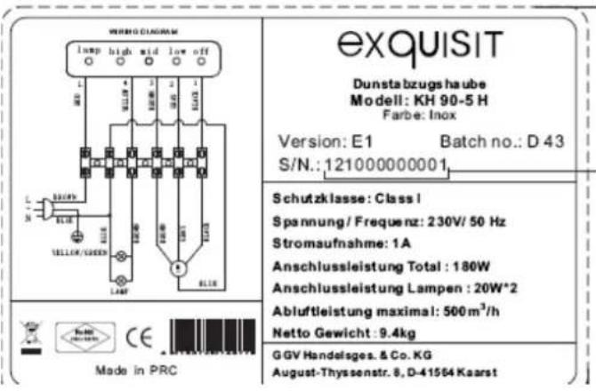 WINDIG DIAGRAM lamp high wid low off L 1 2 3 4 5 6 7 8 9 10 11 12 13 14 15 16 17 18 19 20 21 22 23 24 25 26 27 28 29 30 31 32 33 34 35 36 37 38 39 40 41 42 43 44 45 46 47 48 49 50 51 52 53 54 55 56 57 58 59 60 61 62 63 64 65 66 67 68 69 70 71 72 73 74 75 76 77 78 79 80 81 82 83 84 85 86 87 88 89 90 91 92 93 94 95 96 97 98 99 100 exquisit Dunstabzugshaube Modell: KH 90-5 H Farbe: Inox Version: E1 Batch no.: D 43 S/N.: 121000000001 Schutzklasse: Class I Spannung / Frequenz: 230V/ 50 Hz Stromaufnahme: 1A Anschlussleistung Total : 180W Anschlussleistung Lampen : 20W*2 Abluftleistung maximal: 500m³/h Netto Gewicht : 9.4kg Mode in PRC GGV Handelsges. & Co. KG August-Thyssenstr. 8, D-41564 Kaarst