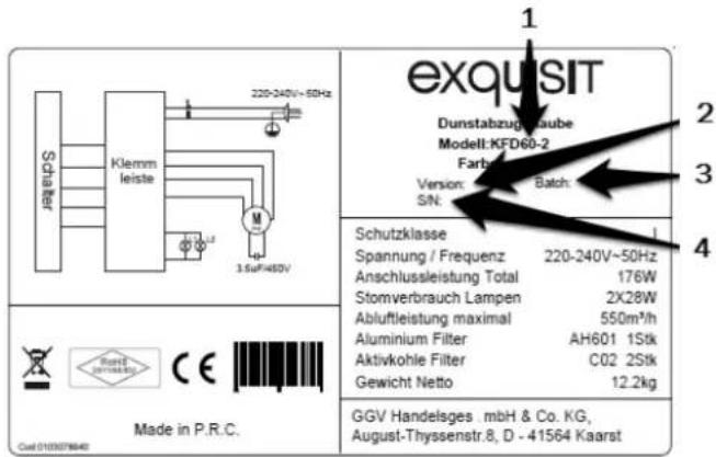 exquisit Dunstabzugs Laube Modell: KFD60-2 Farbue Version: Batch: S/N: 3.5uF480V Schutzklasse Spannung / Frequenz 220-240V~50Hz Anschlussleistung Total 176W Stomverbrauch Lampen 2X28W Abluftleistung maximal 550m³/h Aluminium Filter AH601 1Stk Aktivkohle Filter C02 2Stk Gewicht Netto 12.2kg GGV Handelsges .mbH & Co. KG, August-Thyssenstr.8, D - 41564 Kaarst Made in P.R.C. Cust 0103079640