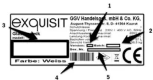 exquisit GGV Handelsgas, mbH & Co. KG, August-Thyssenkr. B, D-41564 Kaarst Schulfsklasse Spannung / Prechen: 230V / 400 V AC, 50Hz Anschusskabel: Maximal: Leistung Kreditmaximal: Backloven von Gewicht Handelsgas Version: Batch: Ser. Nr. Farbe: Weiss CE 4 5 2