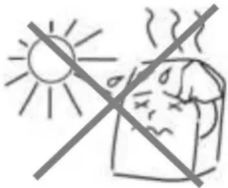 Safety warning sign showing sun and a person with fever, crossed by a diagonal line