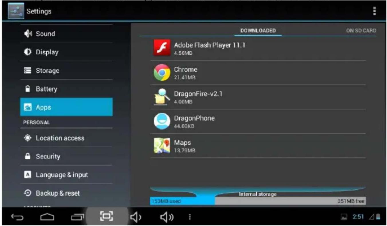 Settings Sound Display Storage Battery Apps PERSONAL Location access Security Language & input Backup & reset DOWNLOADS ON SD CARD Adobe Flash Player 11.1 4.56MB Chrome 21.41MB DragonFire-v2.1 4.00MB DragonPhone 44.00KB Maps 13.79MB Internal storage 153MB used 351MB free