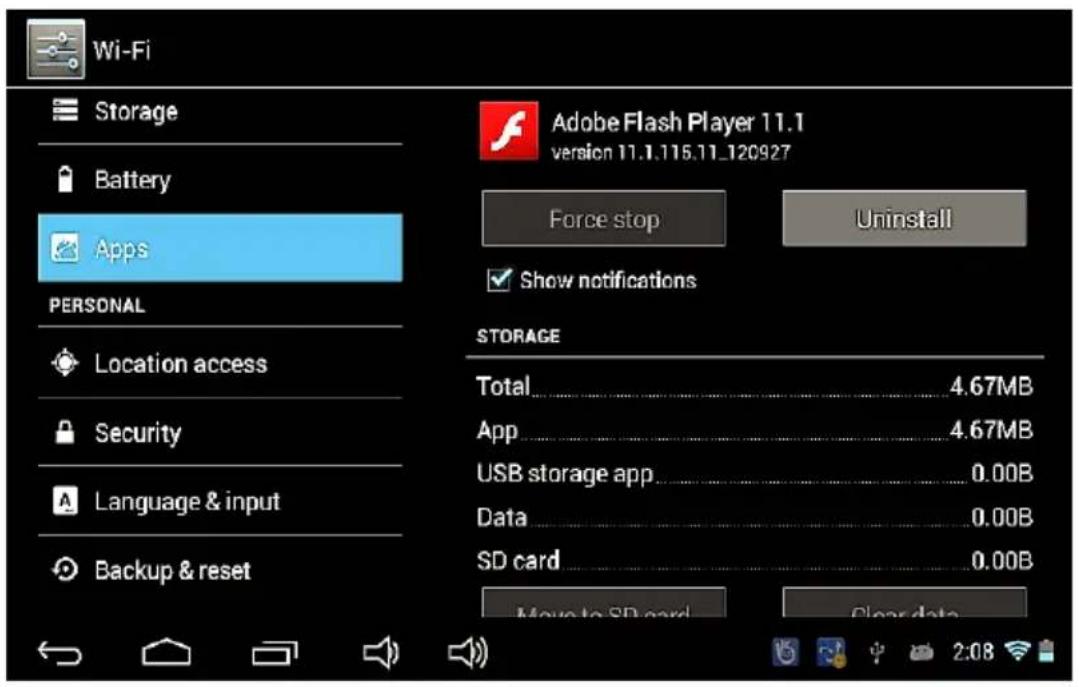 Wi-Fi Storage Battery Apps PERSONAL Location access Security Language & input Backup & reset Adobe Flash Player 11.1 version 11.1.115.11.120927 Force stop Uninstall Show notifications STORAGE Total......4.67MB App......4.67MB USB storage app......0.00B Data......0.00B SD card......0.00B Move to SD card..... Clear data.
