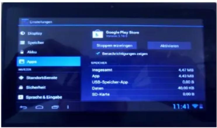 Einstellungen Display Speicher Aktivien Google Play Store Version: 3.10.0 Stoppen erzwingen Aktivieren Apps Speicher NUTZER Standortdienste Sicherheit Sprache & Eingabe Insgesamt 4,47 MB App 4,43 MB USB-Speicher-App 0,00 B Daten 40,00 KB SD-Karte 0,00 B 11:41