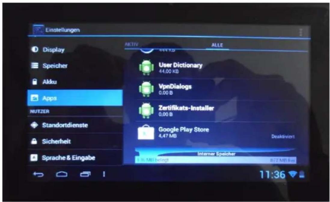Einstellungen Display Speicher Akku Apps NUTZER Standortdienste Sicherheit Sprache & Eingabe AKTIV 444 KB ALLE User Dictionary 44,00 KB VpnDialogs 0,00 B Zertifikats-Installer 0,00 B Google Play Store 4,47 MB Deaksviert1 Internet Speicher 1.36 MB belingt 872 MB/Rev 11:36
