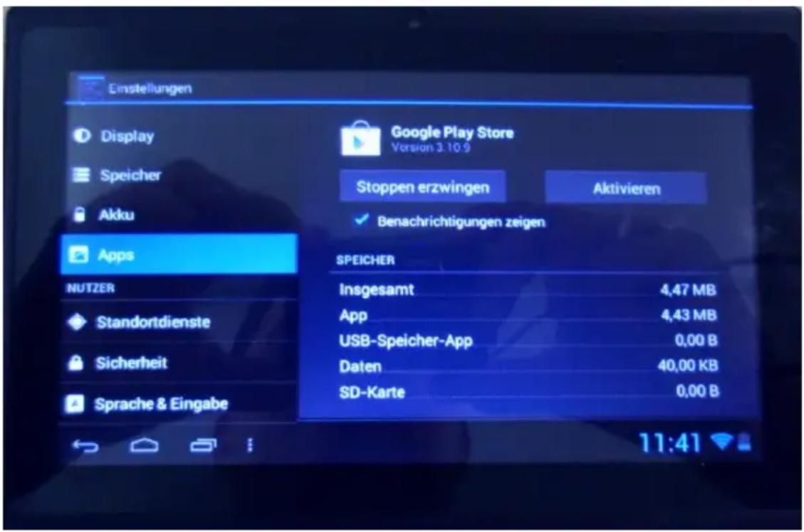 Einstellungen Display Speicher Akku Google Play Store Version 3.10.9 Stoppen erzwingen Aktivieren ✓ Benachrichtigungen zeigen NUTZER Standortdienste Sicherheit Sprache & Eingabe SPEICHER Insgesamt 4,47 MB App 4,43 MB USB-Speicher-App 0,00 B Daten 40,00 KB SD-Karte 0,00 B 11:41