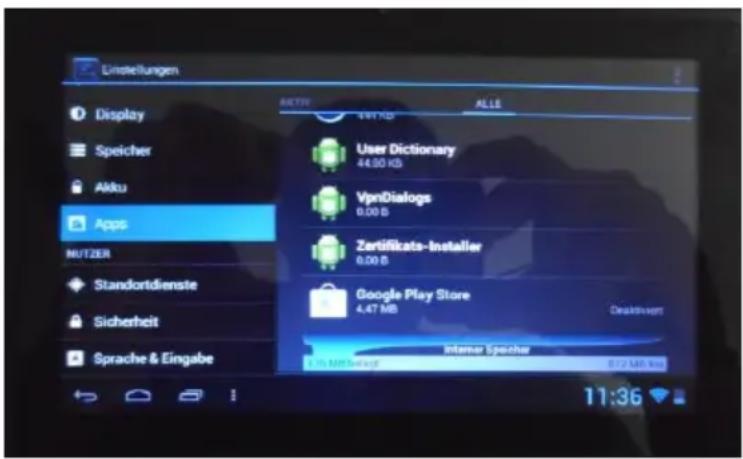 Einstellungen Display Speicher Aktu Apps NUTZER Standortdienste Sicherheit Sprache & Eingabe ARTORY 191 MB ALLS User Dictionary 44.00 KB VpnDialogs 0.00 B Zertifikata-Installer 0.00 B Google Play Store 4.47 MB Deaktiviert Intense Speicher 8:12 MB Max 11:36