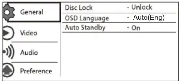 General Video Audio Preference Disc Lock · Unlock OSD Language · Auto(Eng) Auto Standby · On