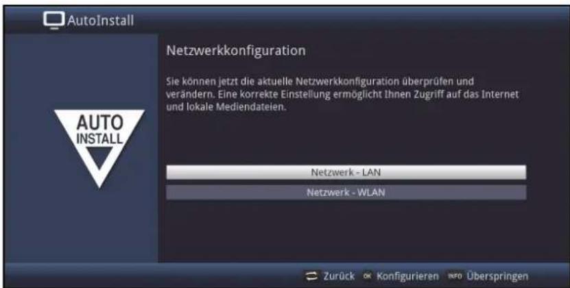 AutoInstall Netzwerkkonfiguration Sie können jetzt die aktuelle Netzwerkkonfiguration überprüfen und verändern. Eine korrekte Einstellung ermöglicht Ihnen Zugriff auf das Internet und lokale Mediendateien. Auto INSTALL Netzwerk - LAN Netzwerk - WLAN Zurück OK Konfigurieren INFO Überspringen