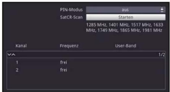PIN-Modus SatCR-Scan aus Starten 1285 MHz, 1401 MHz, 1517 MHz, 1633 MHz, 1749 MHz, 1865 MHz, 1981 MHz Kanal Frequenz User-Band 1/2 1 frei 2 frei
