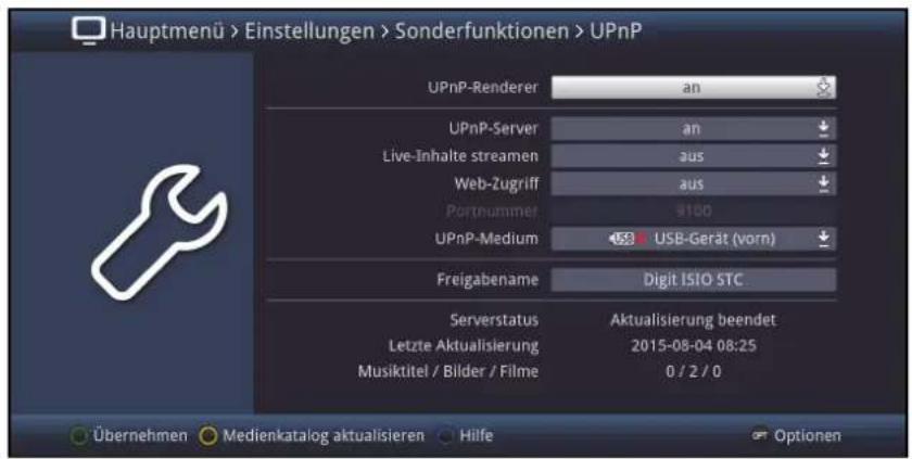 Hauptmenü > Einstellungen > Sonderfunktionen > UPnP UPnP-Renderer an UPnP-Server an Live-Inhalte streamen aus Web-Zugriff aus Portnummer €100 UPnP-Medium USB-Gerät (vorn) Freigabename Digit ISIO STC Serverstatus Aktualisierung beendet Letzte Aktualisierung 2015-08-04 08:25 Musiktitel / Bilder / Filme 0 / 2 / 0 Übernehmen Medienkatalog aktualisieren Hilfe Optionen