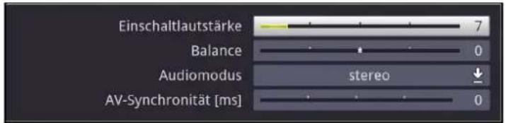 Einschaltlautstärke Balance Audiomodus AV-Synchronität [ms] stereo 7 0 ↓ 0