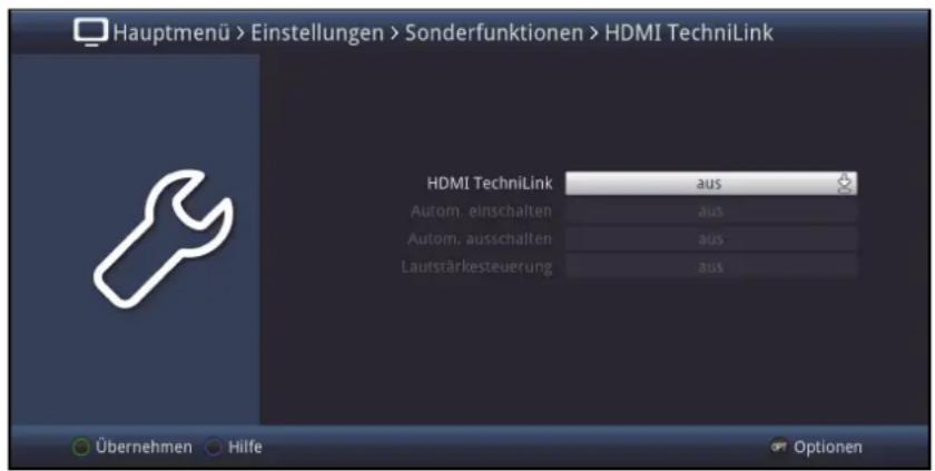 Hauptmenü > Einstellungen > Sonderfunktionen > HDMI TechniLink HDMI TechniLink aus Autom. einschalten aus Autom. ausschalten aus Lautstärksteuerung aus Übernehmen Hilfe Optionen