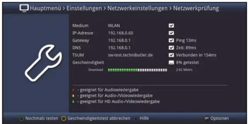 Hauptmenü > Einstellungen > Netzwerkeinstellungen > Netzwerkprüfung Medium WLAN IP-Adresse 192.168.0.60 Gateway 192.168.0.1 Ping 13ms DNS 192.168.0.1 Zeit: 89ms TSUM sw-test.technibutler.de Verbunden in 154ms Geschwindigkeit 8% getestet Download 2.82 Mbit/s - geeignet für Audiowiedergabe - geeignet für Audio-/Videowiedergabe - geeignet für HD Audio-/Videowiedergabe Nochmals testen Geschwindigkeitstest abbrechen Hilfe Optionen