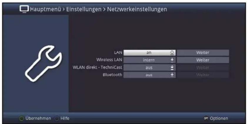 Hauptmenü > Einstellungen > Netzwerkeinstellungen LAN an Weiter Wireless LAN intern Weiter WLAN direkt - TechniCast aus Weiter Bluetooth aus Weiter Übernehmen Hilfe Optionen
